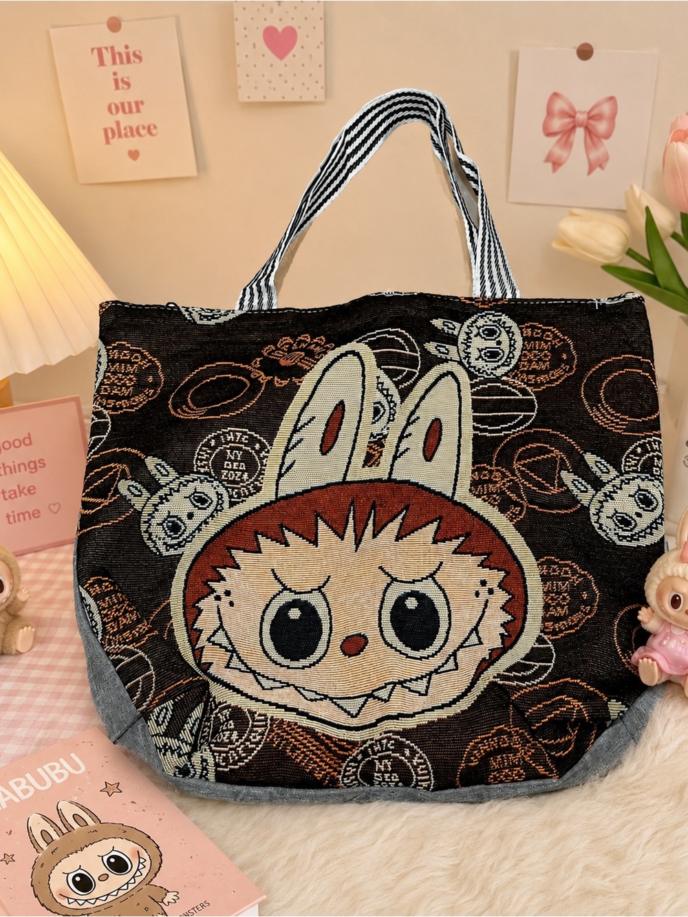 🔥 HTF Pop Mart "The Monsters" Labubu Woven Tapestry Tote Bag 🔥
